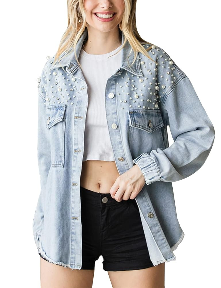 Women's Pearl Denim Jacket Casual Loose Button Pearls Beading Jean Jacket Shaket Coat | Amazon (US)