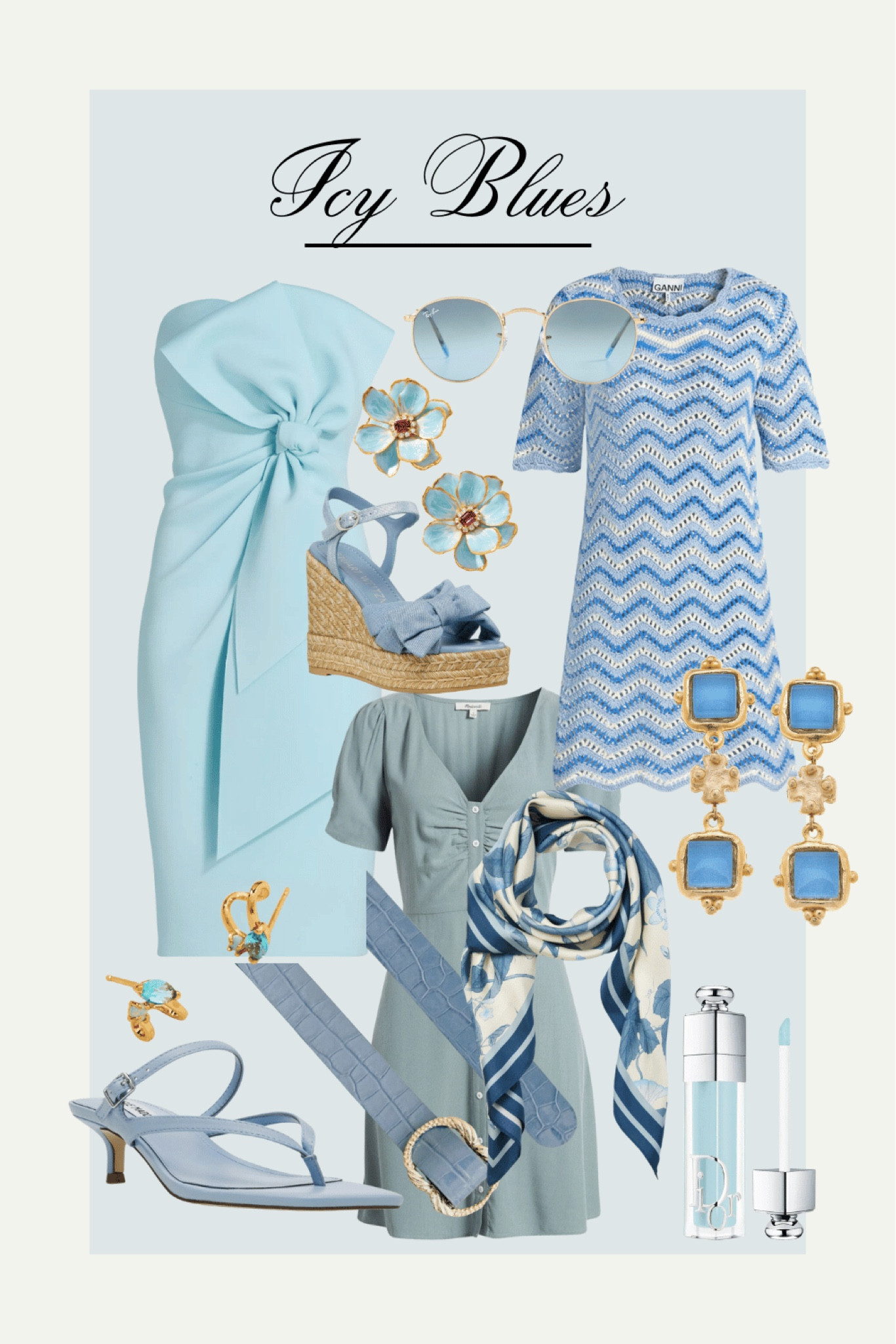 Whether you call them glacial, sky, ocean, or powder … icy blues are trending! There is something cool and refreshing about this shade on a hot summer day. This is my favorite color trend for my “beige” girlies. It is such an easy way to add a pop of color to an otherwise monochrome outfit! Add a simple powdery blue accessory as a pop with a white dress, or a glacial blue sarong over a nude bikini! 