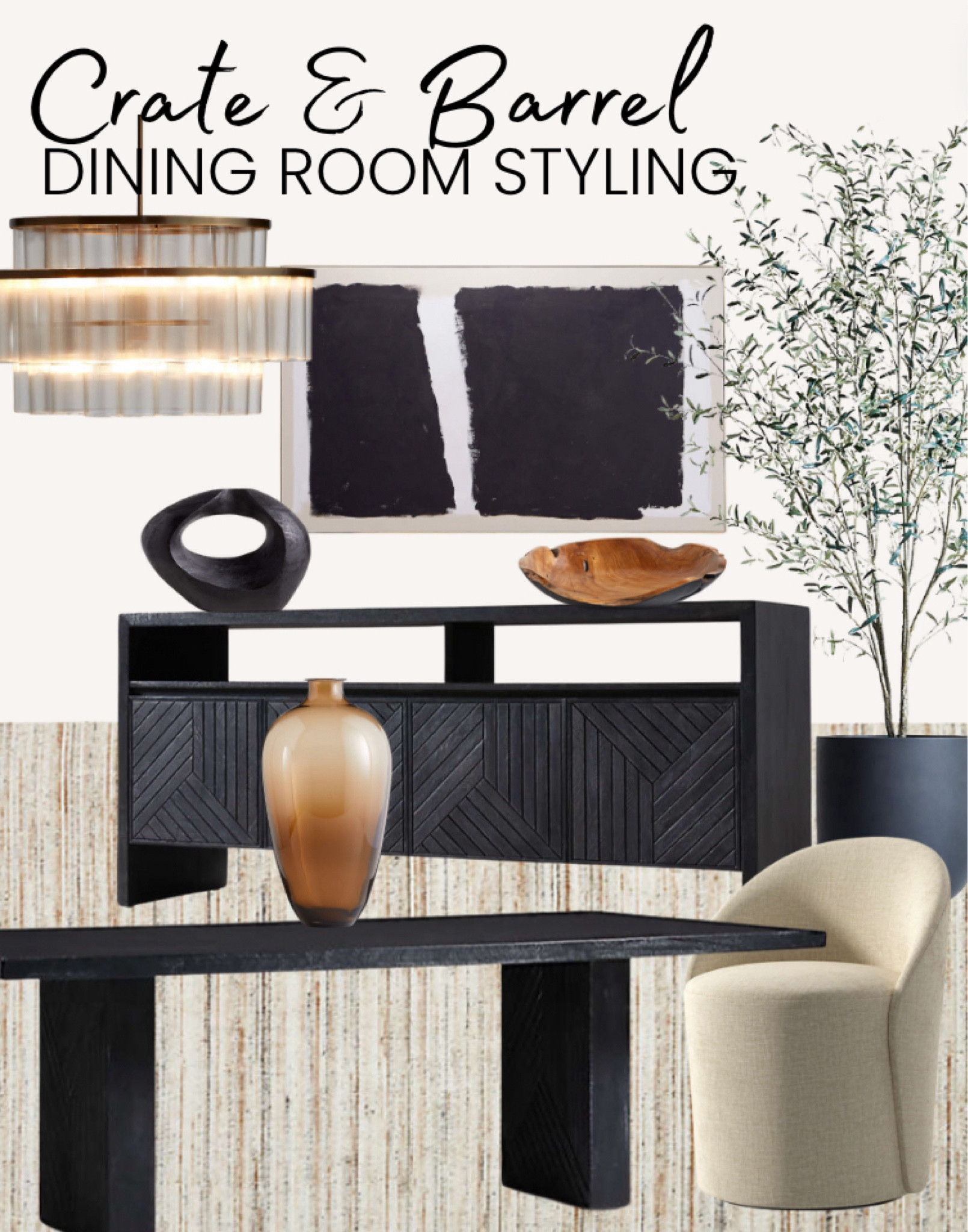 Crate & Barrel - Beautiful solid black wood sideboard and dining table paired with textured dining chairs. Adding rich warm brown tones. Ground the room with a neutral wool area rug and on the ceiling a Brass & Glass Chandelier. 🤎🖤

#ltkcanada #ltkautumn

#LTKStyleTip #LTKHome #LTKSeasonal