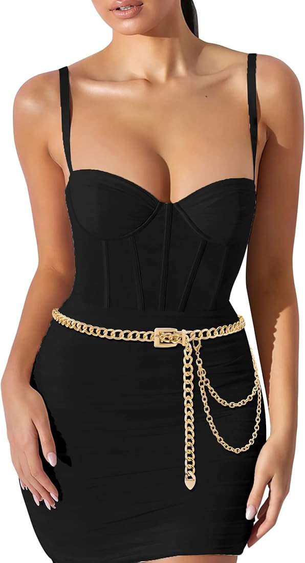 Linawe Silver Rose Gold Chain Belt for Women Dresses Plus Size Skinny Belts Metal Buckle Belly Bo... | Amazon (US)