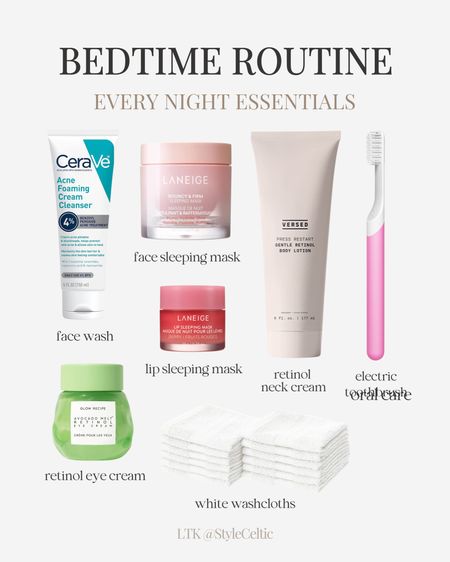 My bedtime routine products ✨
.
.
CeraVe, laneige firming mask, laneige lip mask, glow recipe retinol eye cream, white washcloths, versed firming body and neck lotion, quip electric toothbrush, skincare products, beauty products, bedtime skincare routinee

#LTKBeauty #LTKFindsUnder50 #LTKGiftGuide