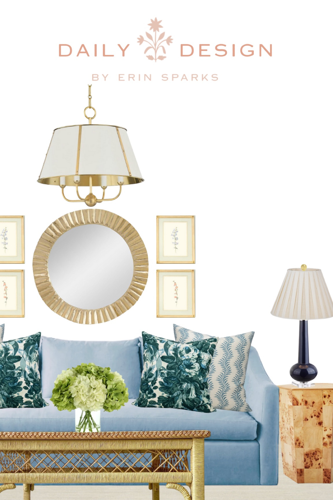 Interior design inspo formal living room furniture custom sofa vintage botanical art Etsy finds navy blue lamp burl wood table designer throw pillow rattan coffee table pleated lamp shade grandmillennial home decor blue and white living room southern living 

#LTKhome