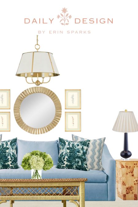 Interior design inspo formal living room furniture custom sofa vintage botanical art Etsy finds navy blue lamp burl wood table designer throw pillow rattan coffee table pleated lamp shade grandmillennial home decor blue and white living room southern living 

#LTKhome