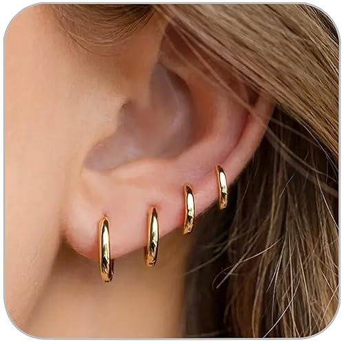 4 Pairs Gold Hoop Earrings Set for Women, 14k Gold Plated Cartilage Hoop Earring Hypoallergenic N... | Amazon (US)
