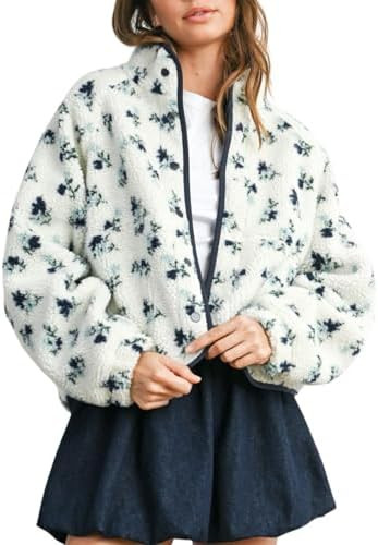 Womens Floral Print Fluffy Fleece Jacket Snap Button Winter Teddy Fleece Jacket Casual Faux Fur O... | Amazon (US)