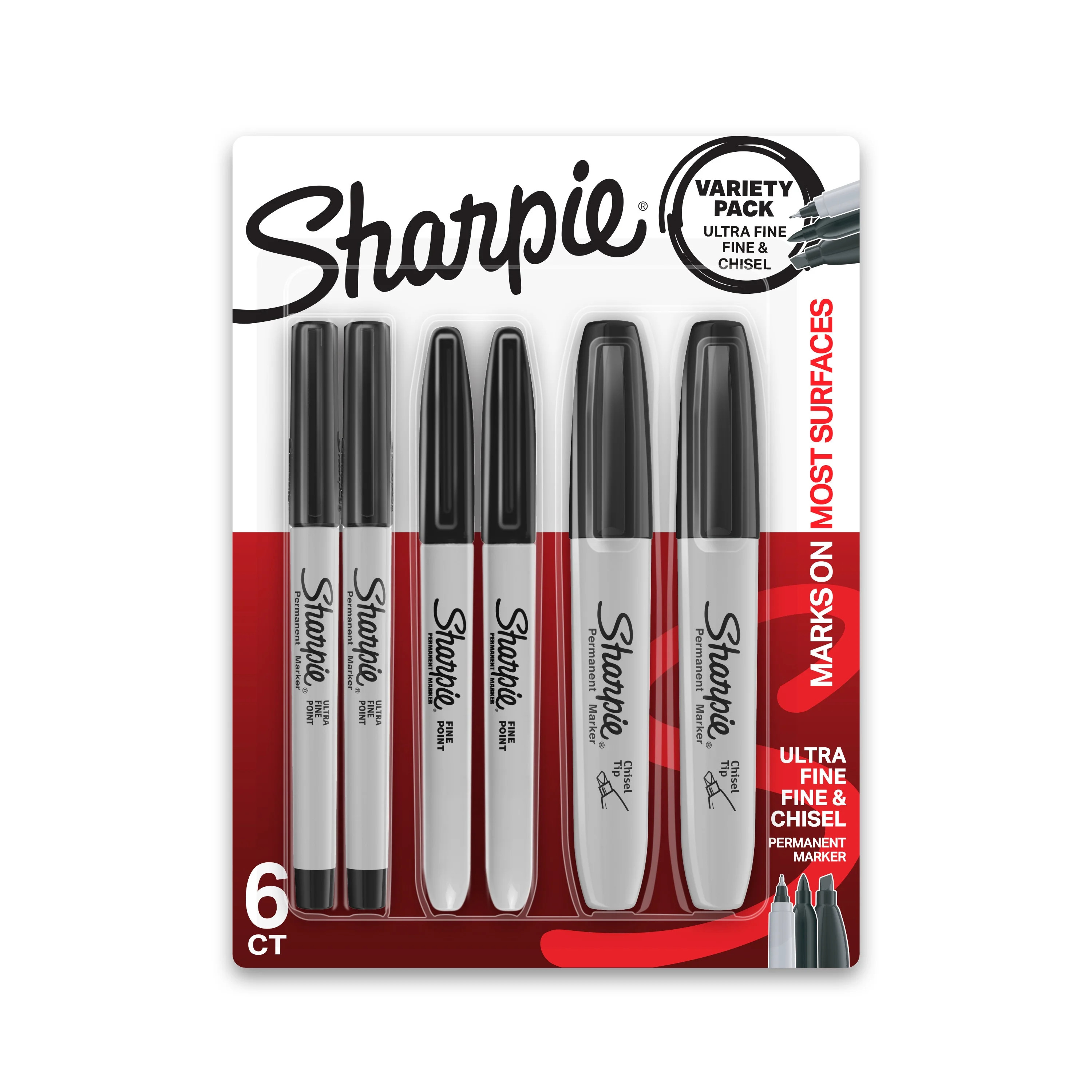 Sharpie Permanent Markers Variety Pack, Fine, Ultra-Fine, and Chisel-Point Markers, Black, 6 Coun... | Walmart (US)