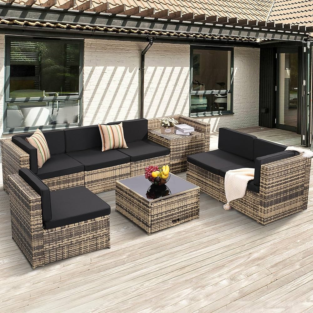 8 Pieces Outdoor Wicker Rattan Patio Furniture Sectional Set, Glass Top Table with Hidden Storage... | Amazon (US)
