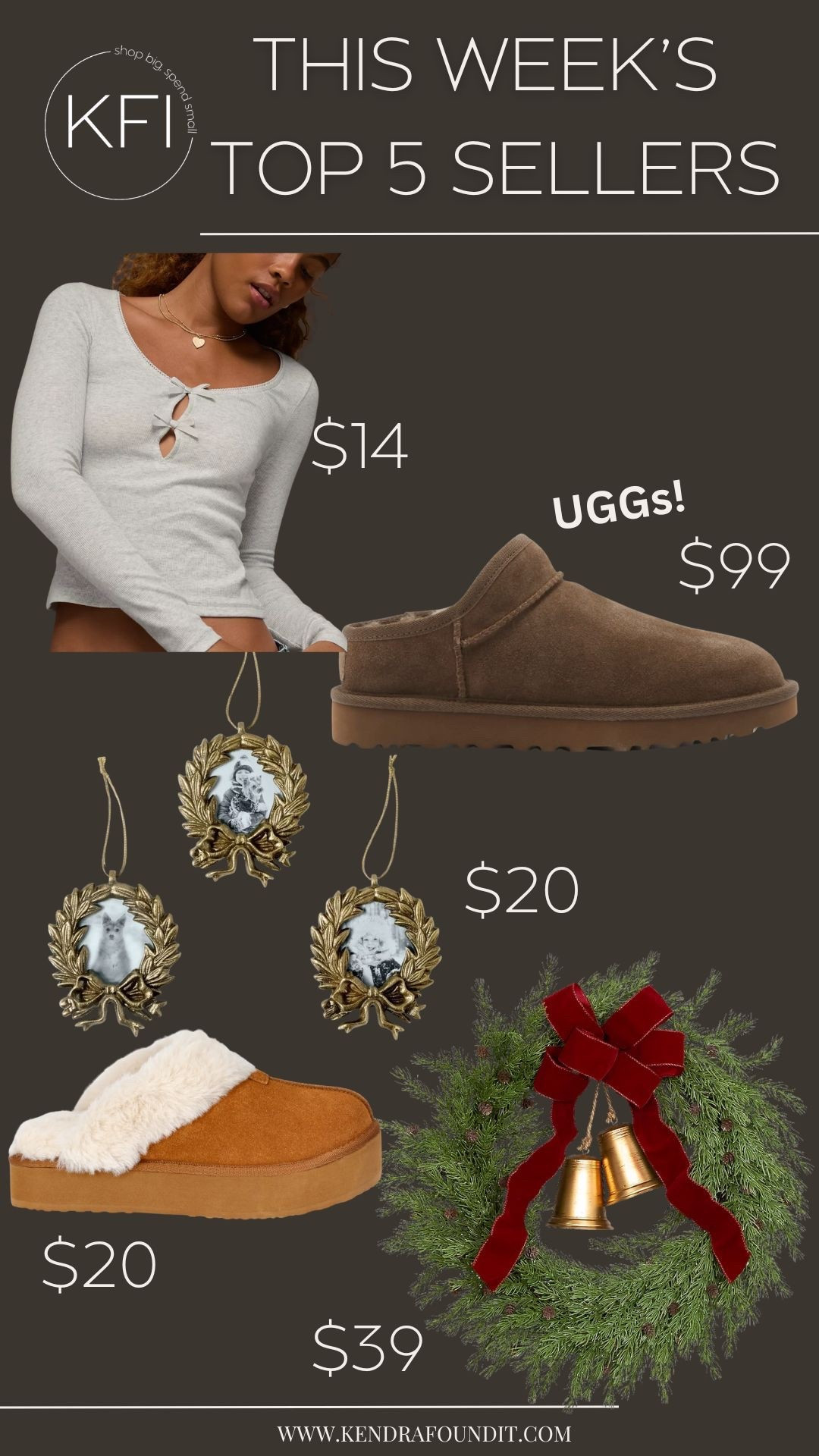 This week’s Top 5 Sellers are so good I had to share the details! The American Eagle cutout top is on clearance for $14 — a flattering, minimalist basic that looks way more expensive than it is. The Target picture frame ornaments have been flying off the shelves — they’re classic, customizable, and the perfect sentimental addition to your tree this year.
You all loved the cozy finds too — the real UGGs are on sale for $99 (rare!) and the Walmart UGG slipper dupes for $20 are just as cozy and stylish for less. And rounding it out, the Lowe’s modern Christmas wreath is a favorite again this week — it looks designer, pairs perfectly with neutral holiday decor, and instantly elevates any door or mantel.

#LTKStyleTip #LTKShoeCrush #LTKHoliday