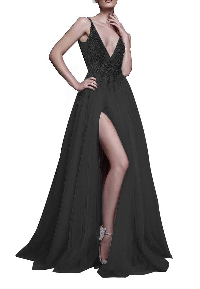 Prom Dresses Sexy Deep V Neck Sequins Tulle and Lace Sex High Split Long Evening Dresses | Amazon (US)