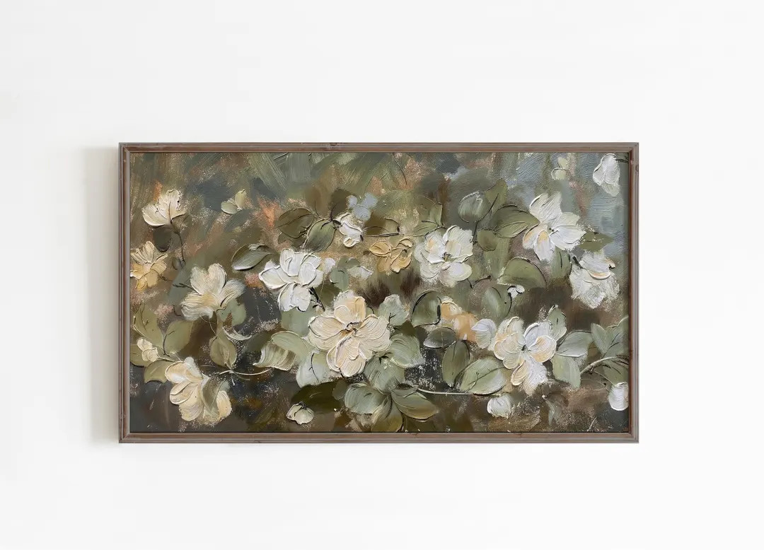 Frame TV art textured spring floral painting, white moody flowers tv screensaver, neutral green t... | Etsy (US)