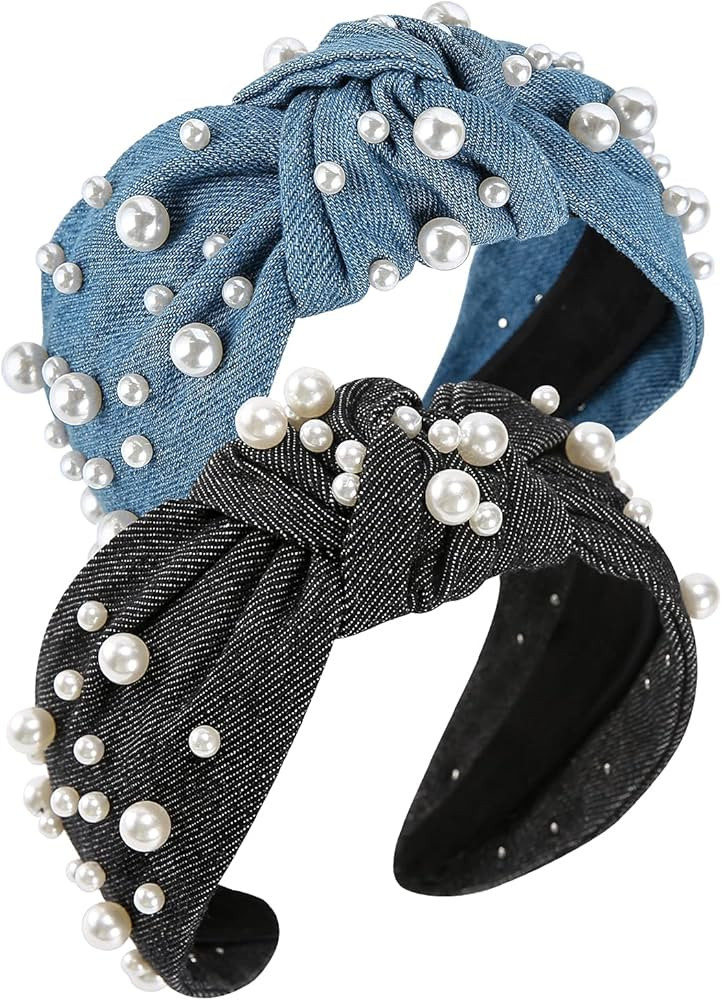 QIANXUAN Cloth Headbands Tie For Women Top Knot Headband With Pearls Denim Headband For Girls Hai... | Amazon (US)