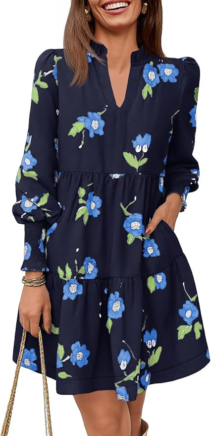 Imily Bela Womens Fall Long Sleeve Tunic Dress Casual V Neck Loose Ruffle Tiered Dress | Amazon (US)