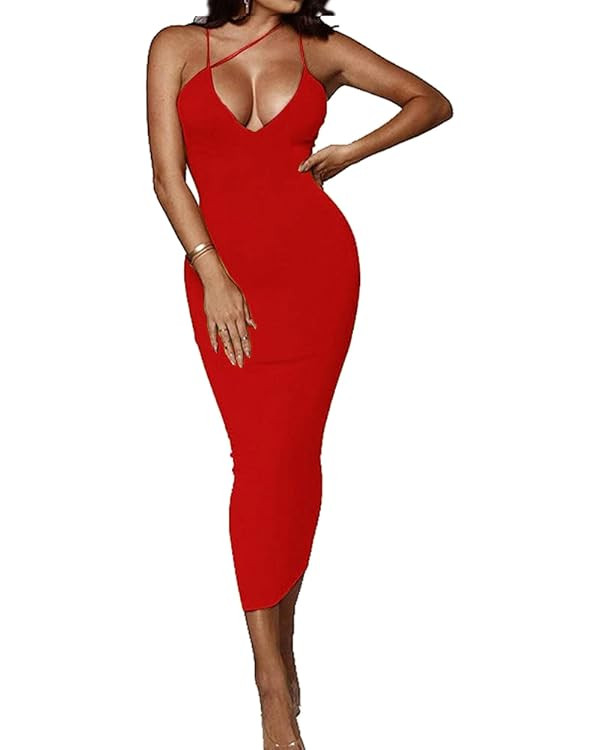 PRIMODA Women's Sexy Neon Asymmetrical Spaghetti Strap Dress Deep V-Neck Sleeveless Bodycon Midi ... | Amazon (US)