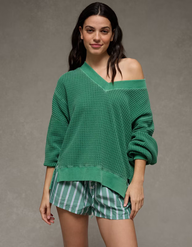 AE Big Hug V-Neck Waffle Sweatshirt Women's Leaf Green S | American Eagle Outfitters (US & CA)