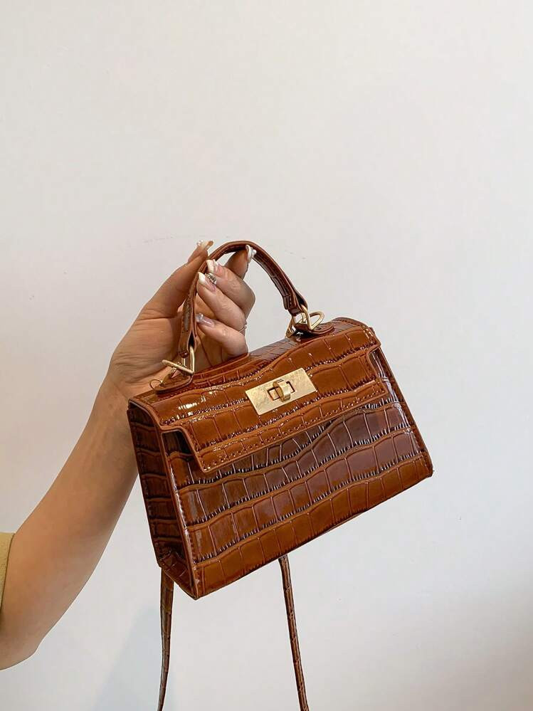 Mini Flap Square Bag Crocodile Embossed Turn Lock, Animal Print Women Bag | SHEIN