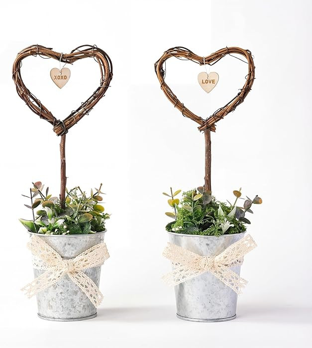 Valentines Day Decor: 2ct Neutral Vintage Rattan Heart Mini Potted Table Decorations, Rustic Hear... | Amazon (US)