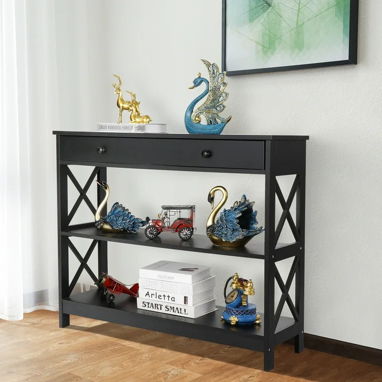 HomGarden 3-Tier Narrow MDF Console Table W/Drawer & Shelves, Modern Sofa Entryway Table, Black | Walmart (US)