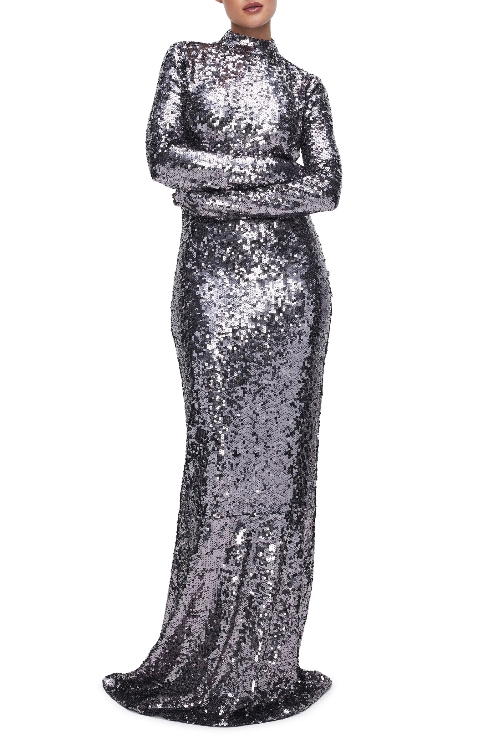 Good American Sequin Funnel Neck Long Sleeve Gown | Nordstrom | Nordstrom