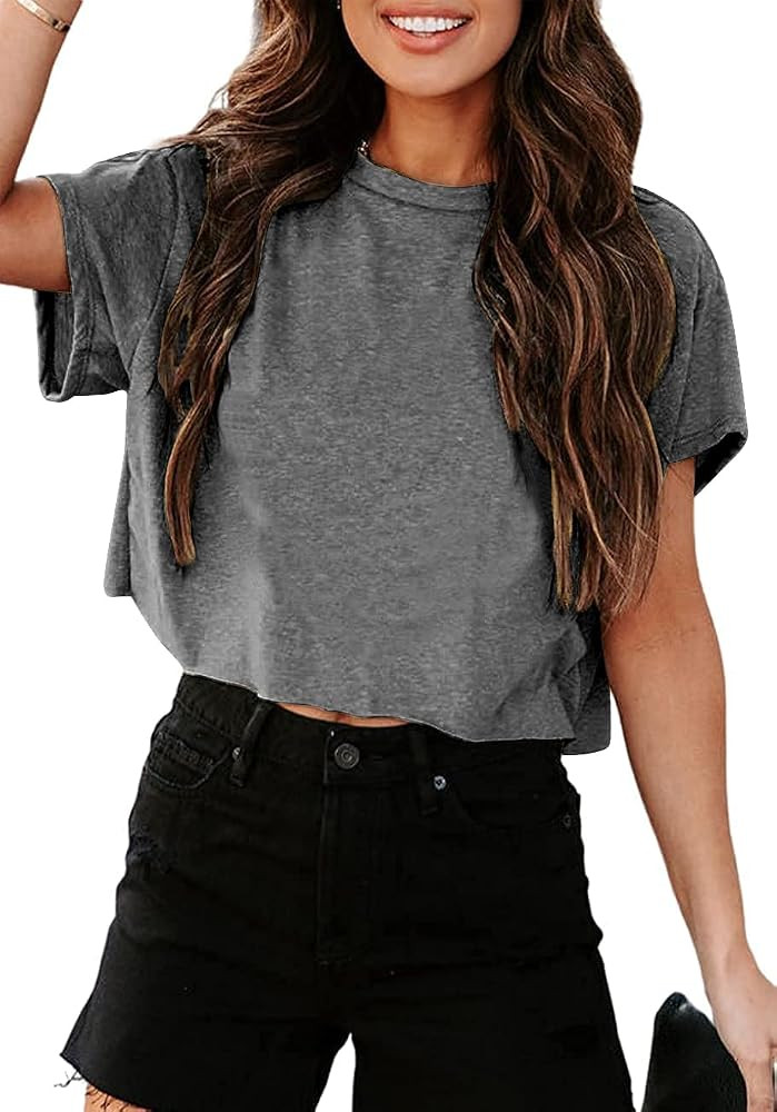 Tankaneo Women Short Sleeve Cropped T-Shirts Crew Neck Top Summer Basic Tee | Amazon (US)