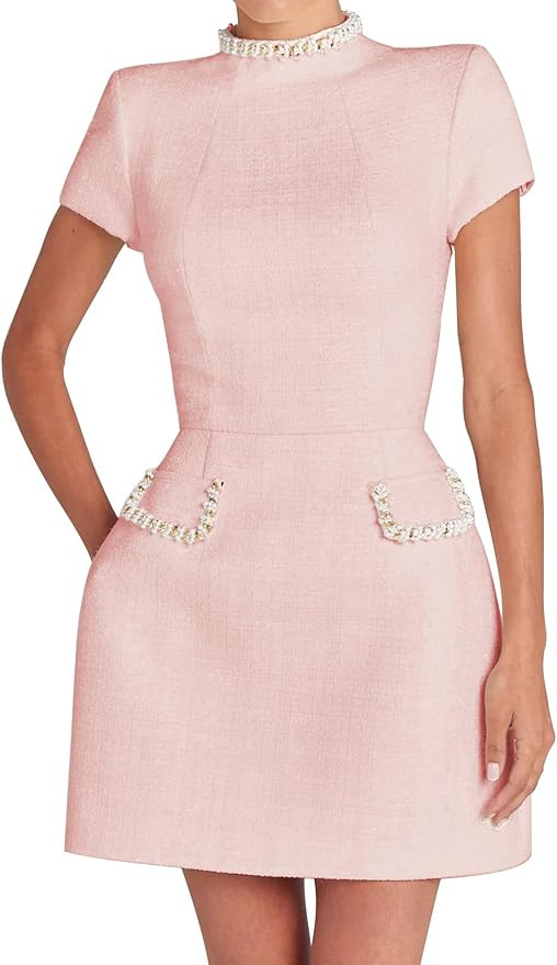 LuFeng Womens Sexy Short Sleeve High Neck Pearls Mini Dress Party Clubwear Club Bodycon Short Dre... | Amazon (US)