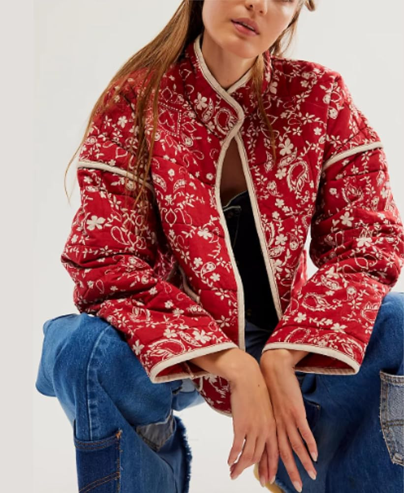 VAOYIU Women's Cropped Puffer Jacket Vintage Cardigan Floral Printed Lightweight Open Front Padde... | Amazon (US)