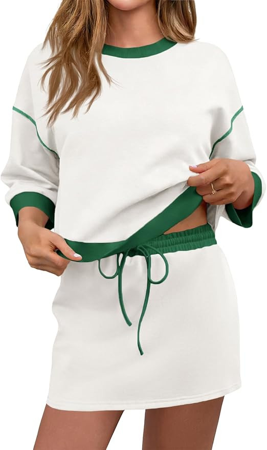 Tankaneo Womens Skirt Set 2 Piece Outfits Casual Sweatshirt Skort Set 3/4 Sleeve Color Block Matc... | Amazon (US)