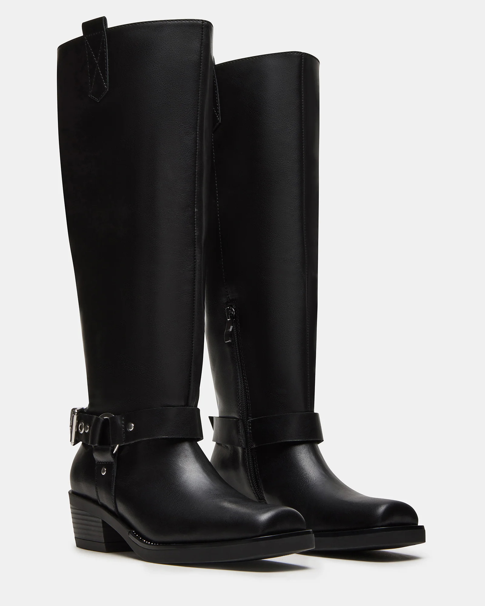 HAWKINS Black Leather Knee High Moto Boot | Women's Boots | Steve Madden (US)