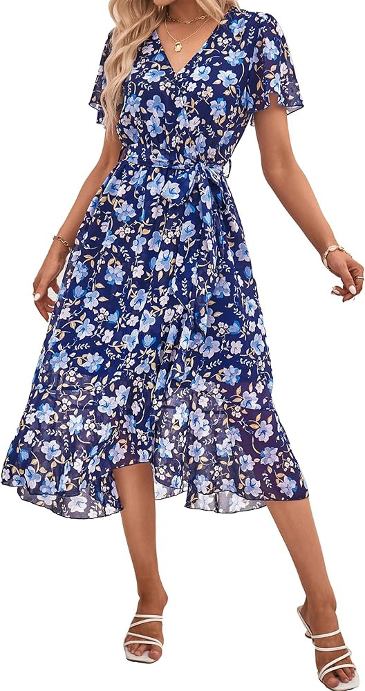 PRETTYGARDEN Women's Summer Floral Boho Maxi Dress Wrap Short Sleeve V Neck Ruffle A-Line Flowy W... | Amazon (US)