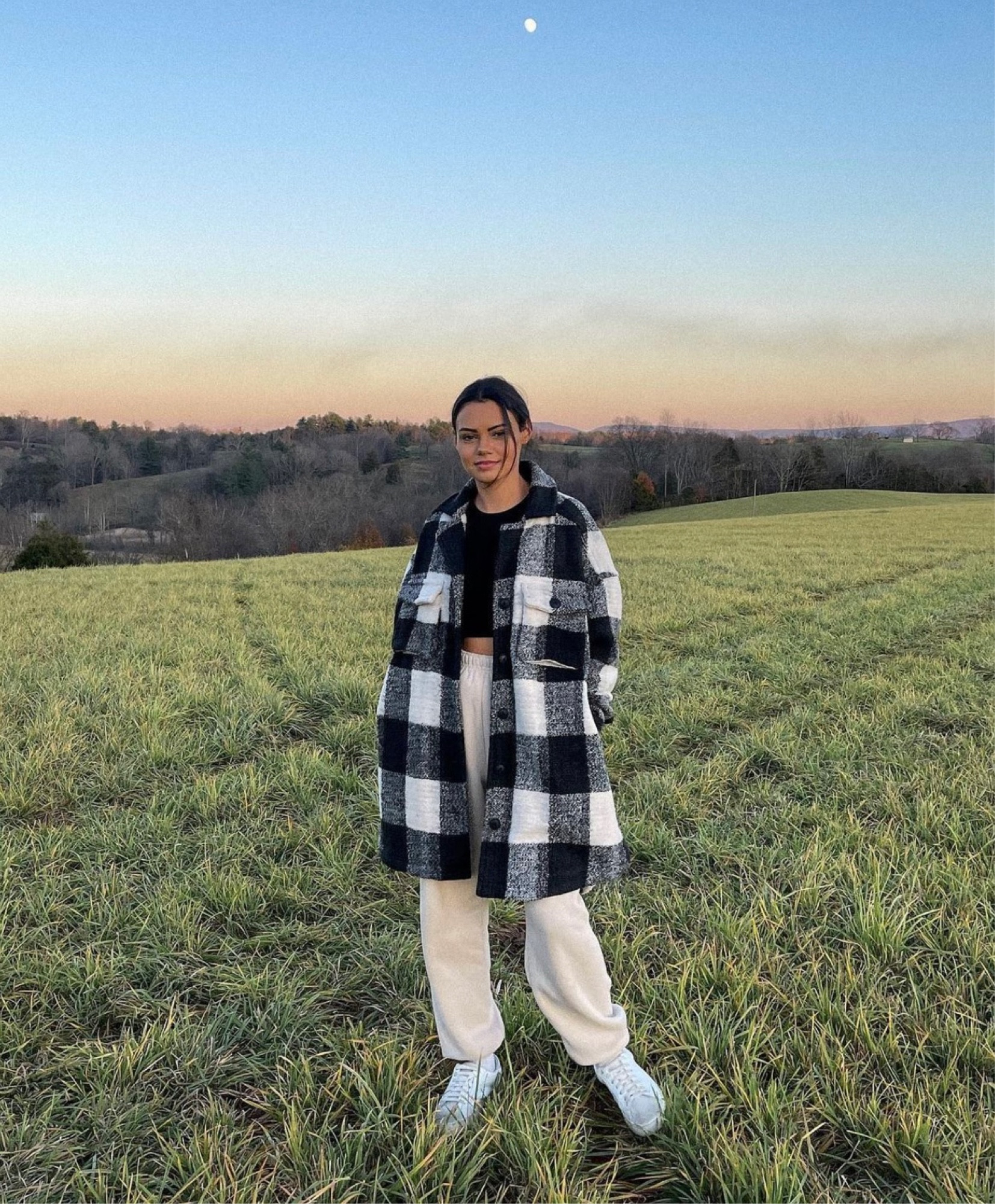 black and white plait coat, black crop tee, cream sweats, white sneakers #fallootd #fallstyle #fallfashion 

#LTKSeasonal #LTKBacktoSchool #LTKFind