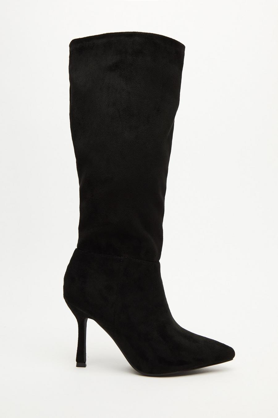 Black Faux Suede Knee High Heeled Boots | Quiz Clothing (UK)