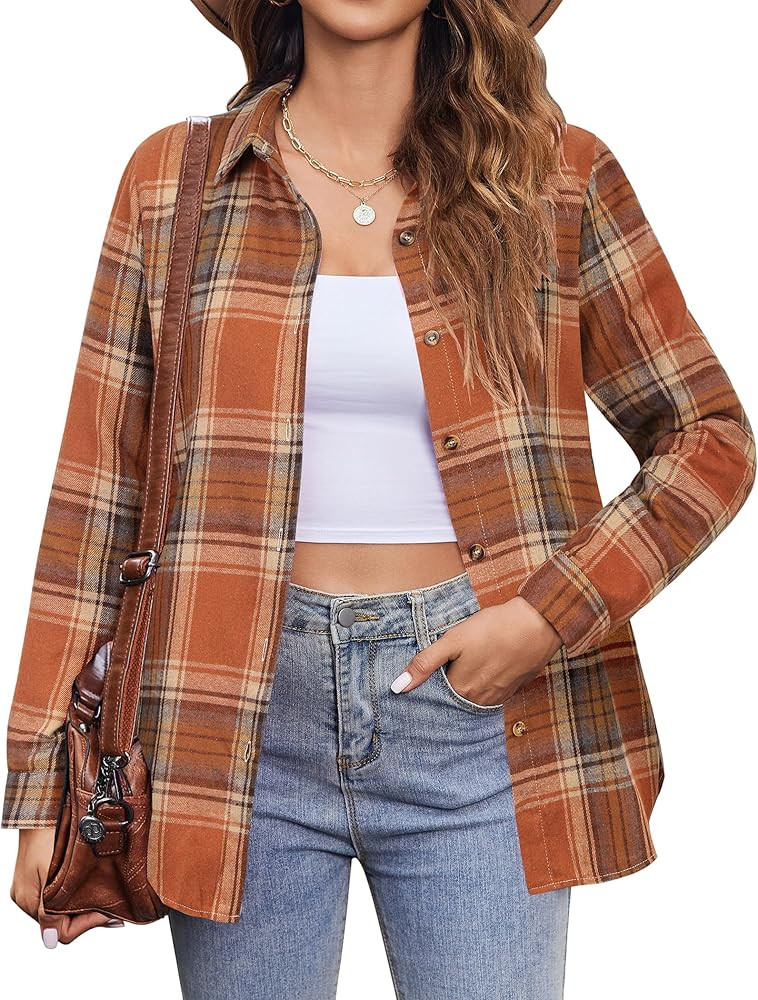 Zeagoo Flannel Shirt Women Button Down Long Sleeve Plaid Shirts Collared 2024 Casual Work Tops S-... | Amazon (US)