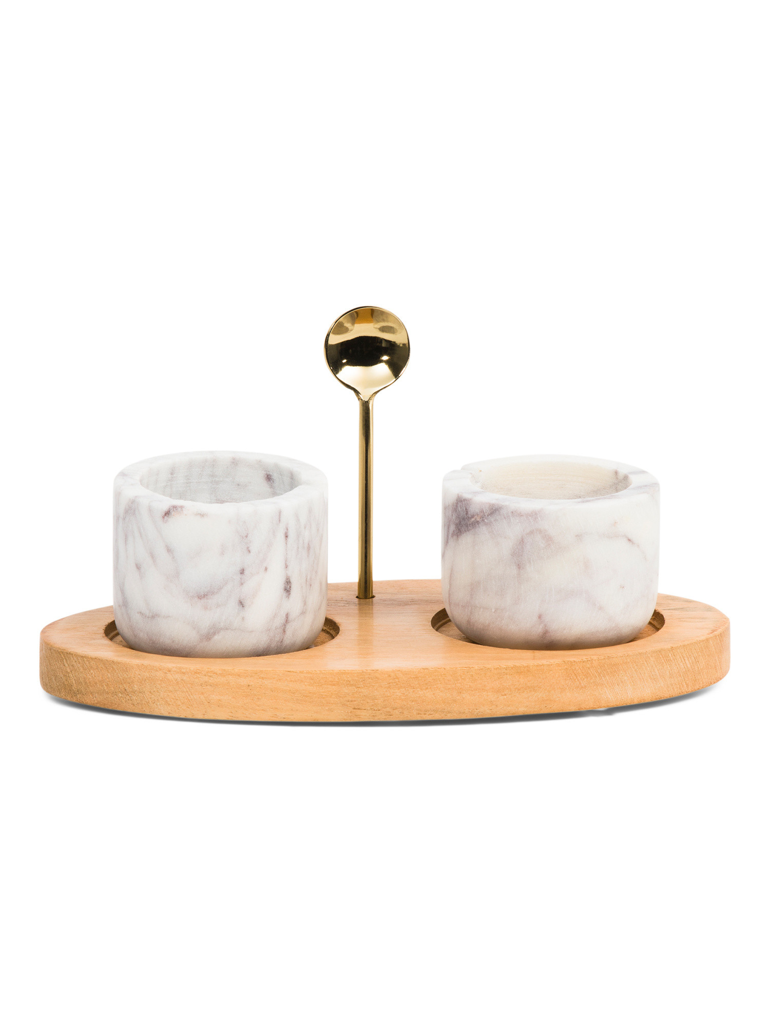 Marble Salt And Pepper Pinch Pots With Spoon And Wood Base | TJ Maxx