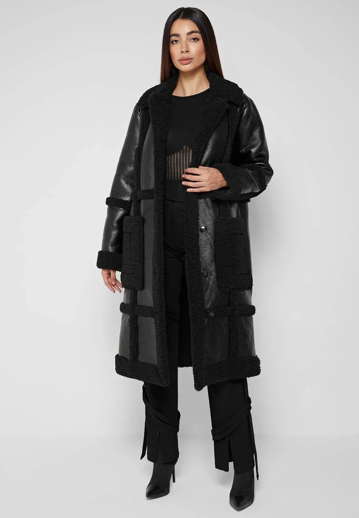 Limited Edition Vegan Leather & Shearling Coat - Black | Maniere De Voir