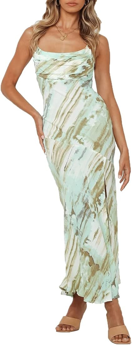 Satin Silk Slip Maxi Dress for Wedding Guest Women- Cowl Neck Pleated Bust Split Wedding Guest Co... | Amazon (US)
