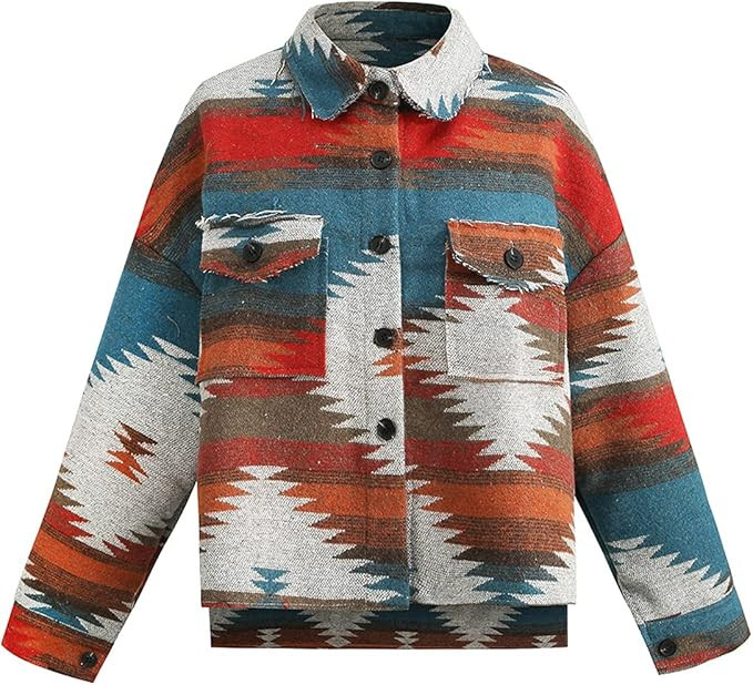 COWOKA Women's Vintage Aztec Print Pattern Loose Shacket Button Down Long Sleeve Woolen Jacket Sh... | Amazon (US)