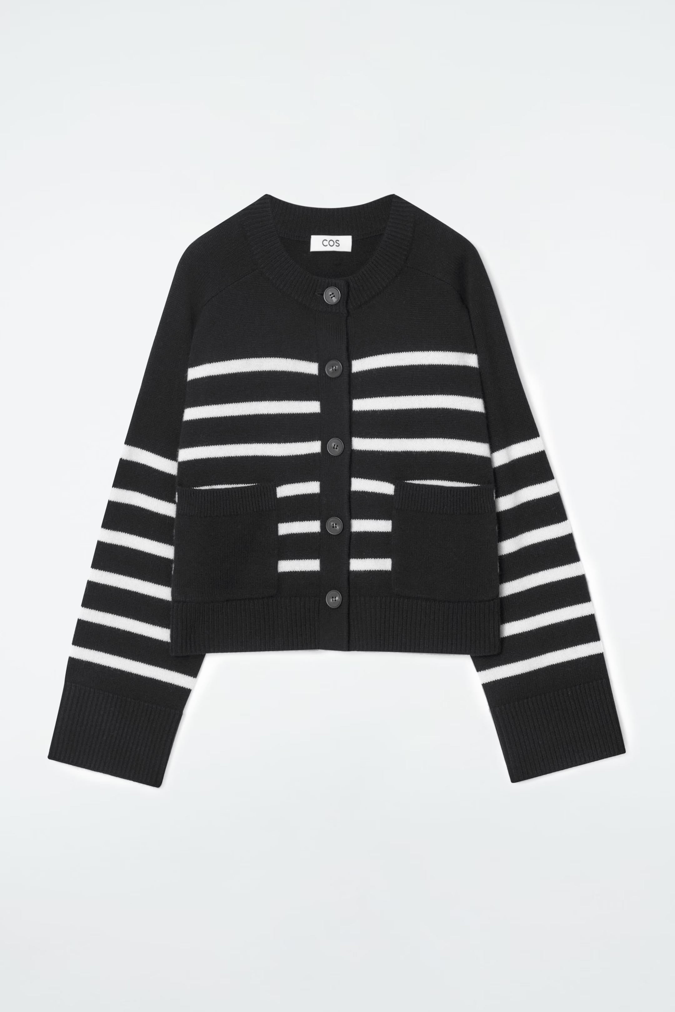 WOOL CREW-NECK CARDIGAN - BLACK / STRIPED | COS (AU)