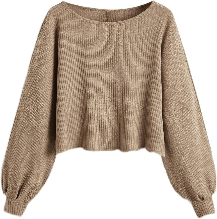 SweatyRocks Women's Casual Crewneck Raglan Long Sleeve Ribbed Knit Crop Top Cropped Sweater | Amazon (US)