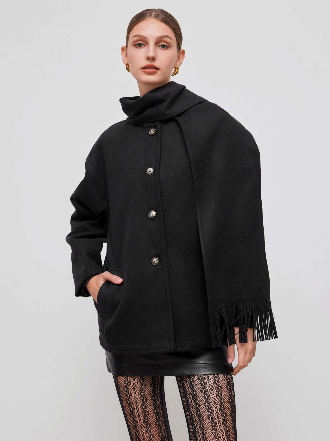 Wool-look Round Neckline Oversized Jacket With Fringe Scarf | Cider