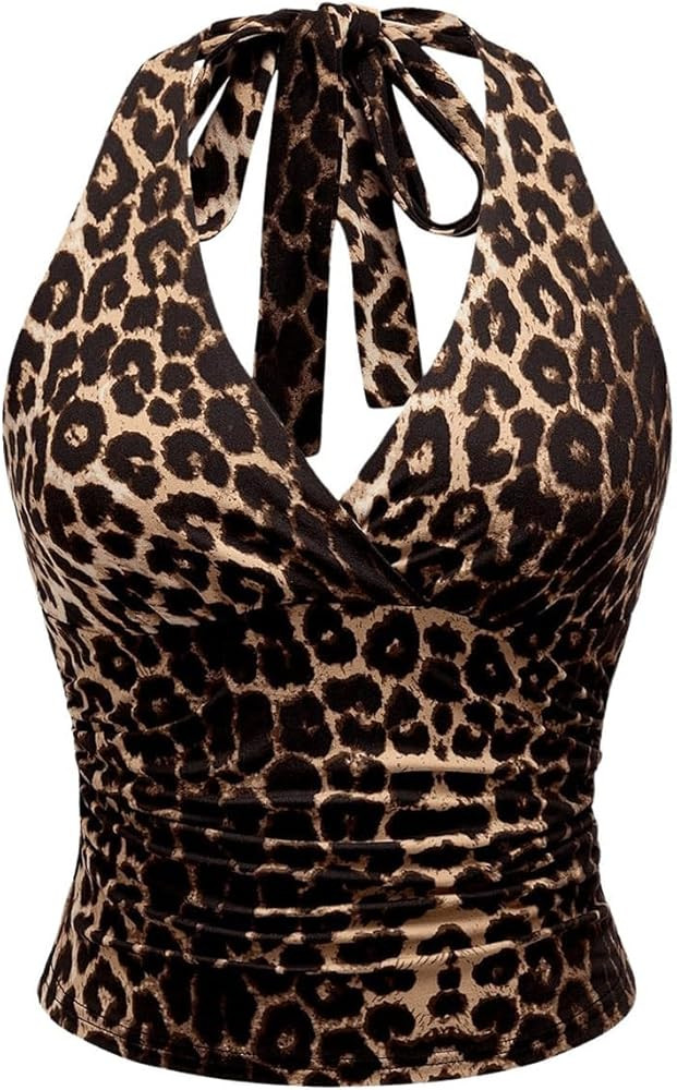 WDIRARA Women's Leopard Print Ruched Halter Crop Tops V Neck Tie Back Sleeveless Slim Fit Cami To... | Amazon (US)
