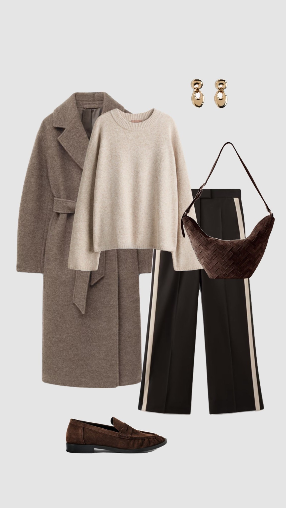 Brown Winter Workwear Outfit  🤎

• office work outfits corporate smart casual outfits dark brown suede woven bag longline beige belted coat side stripe high waisted trousers Penny loafers cream crew neck jumper •



#LTKuk #LTKwinter #LTKworkwear