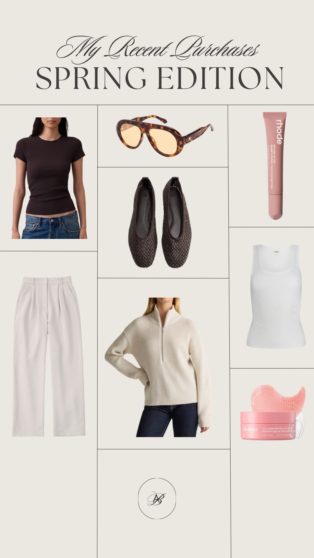 My recent spring purchases 🌸 spring outfits, spring style, beauty restock, rhode lip tint, collagen eye patches, ballet flats, spring staples, tank top, aviator sunglasses, brown top 

#LTKselfcare #LTKBeauty #LTKootd