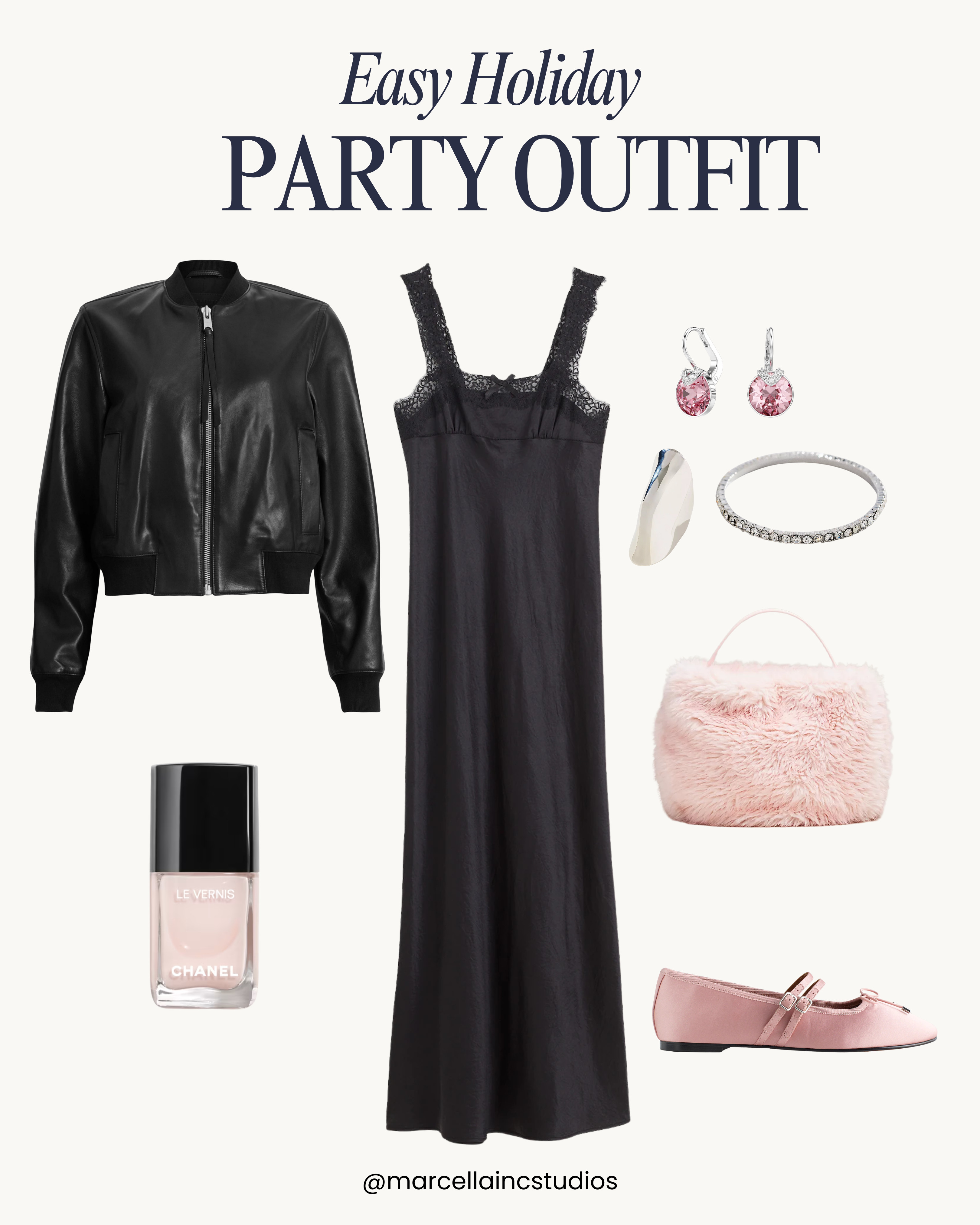 Easy, chic holiday cocktail, New Year’s Eve party outfit with soft pink color, pops, and gold accents. Super comfortable for date night or NYE. #pinkshoes #nyeoutfit #nyedress