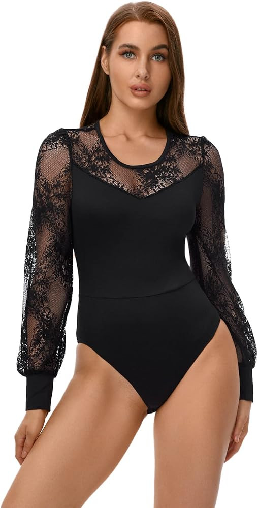 WDIRARA Women's Floral Lace Mesh Round Neck Long Lantern Sleeve Bodysuit Tops | Amazon (US)
