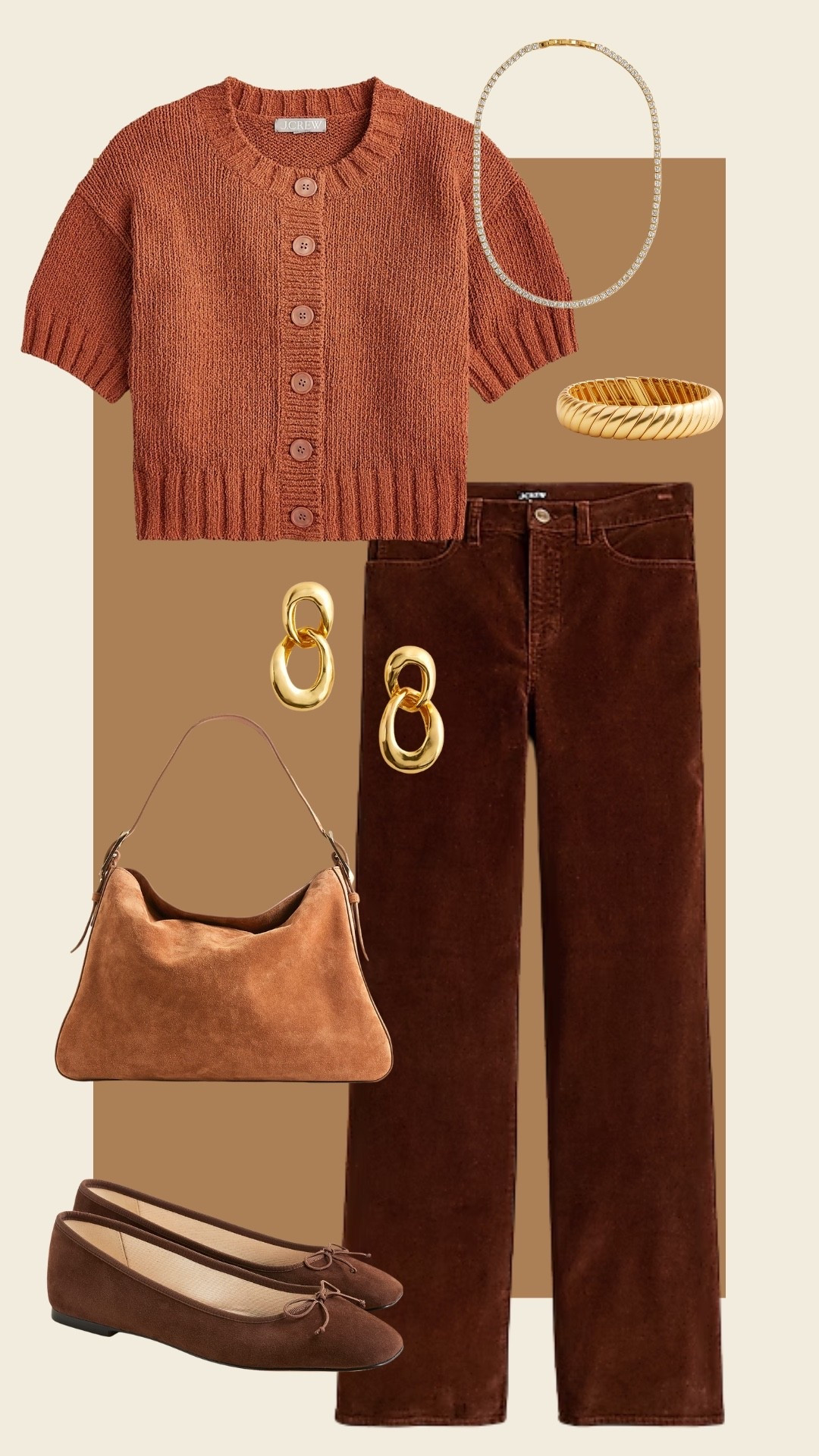 Jcrew Labor Day sale long weekend, chestnut brown corduroy pants, rust sweater, cropped cardigan, gold bangle bracket, tennis necklace, classic style, timeless. Business casual, dinner date, brown suede ballet flats, suede hobo bag, orange, rust, brown, tan, fall style, pumpkin patch, statement earrings, midsize, October, Thanksgiving, fall festival, church, teacher style 

True autumn, soft autumn, dark autumn, HOCAutumn, house of color autumn

#LTKMidsize #LTKSeasonal #LTKSaleAlert