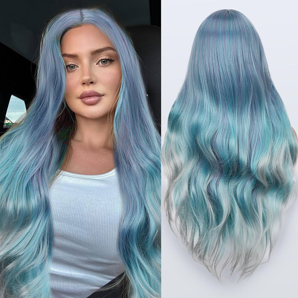 FAVE Mermaid Wig Ombre Blue Wig Mixed Lilac Gray Long Wavy Middle Part Wig Colorful Wigs for Cosp... | Amazon (US)