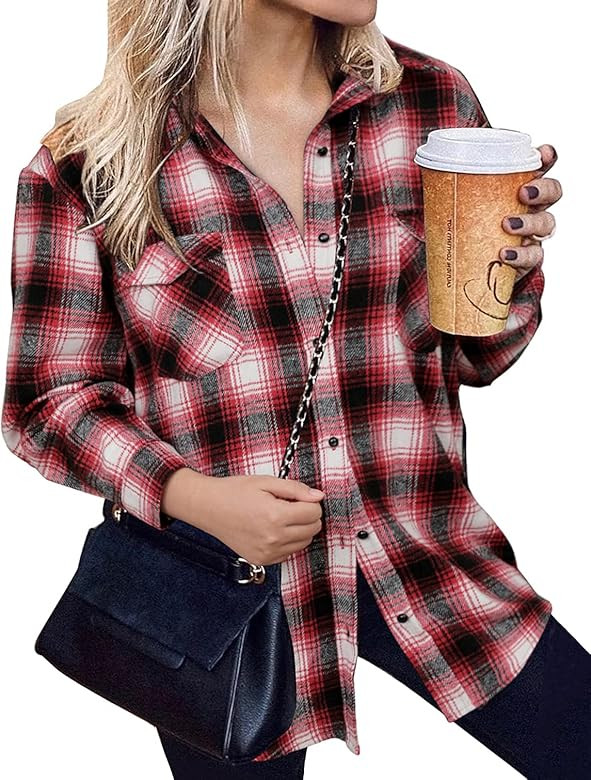 BTFBM Women Long Sleeve Shirts Button Down Plaid Loose Casual Flannel Fall Blouse Shirt Jacket Sh... | Amazon (US)