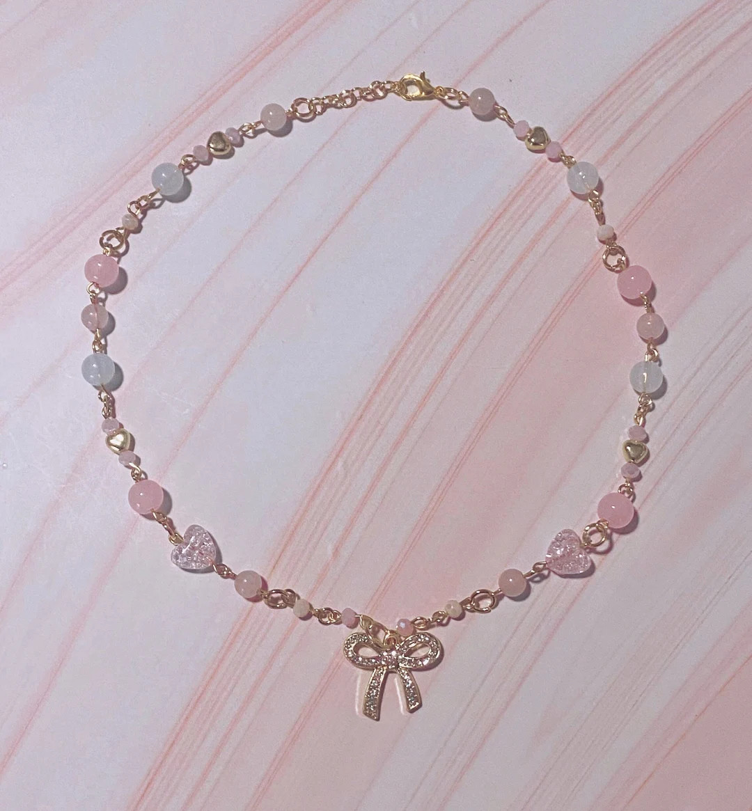 Y2K Coquette Gold Bow Necklace, Bow Ribbon Pendant Chain Link Necklace, Pink Pearl Beaded Necklac... | Etsy (US)