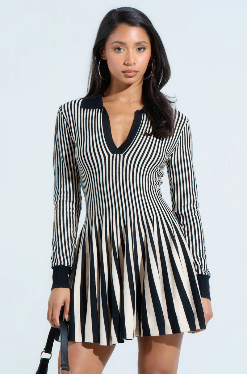 ALINA PLEATED KNIT FIT AND FLARE MINI DRESS WITH LONG SLEEVES | AKIRA