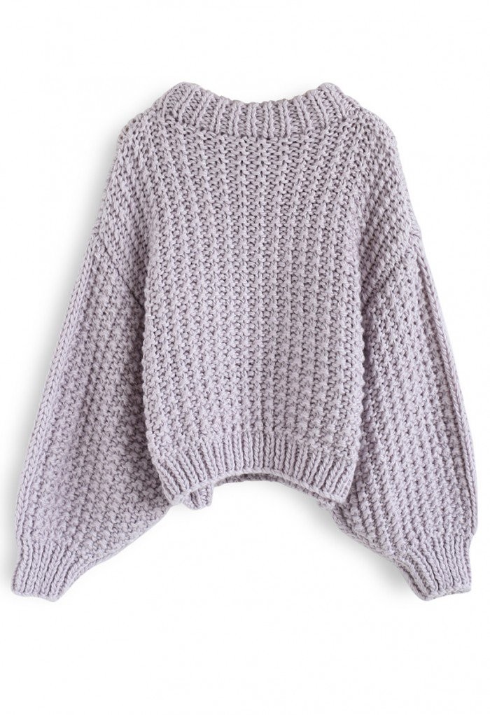 Chunky Chunky Puff Sleeves Cropped Sweater in Lavender | Chicwish