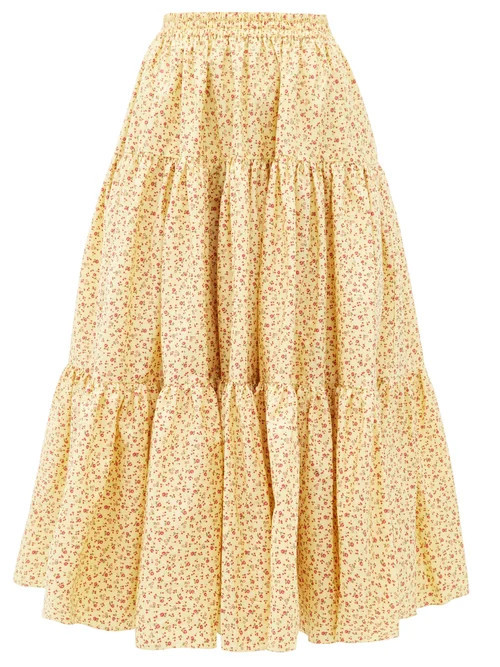 Batsheva - Amy Tiered Floral-print Cotton-poplin Midi Skirt - Womens - Yellow | Matches (US)